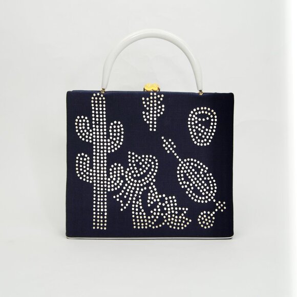 Vintage Handbag 40s 50s Bags by Edwards Blue Top Handle Studded Mexican Purse - Picture 3 of 17